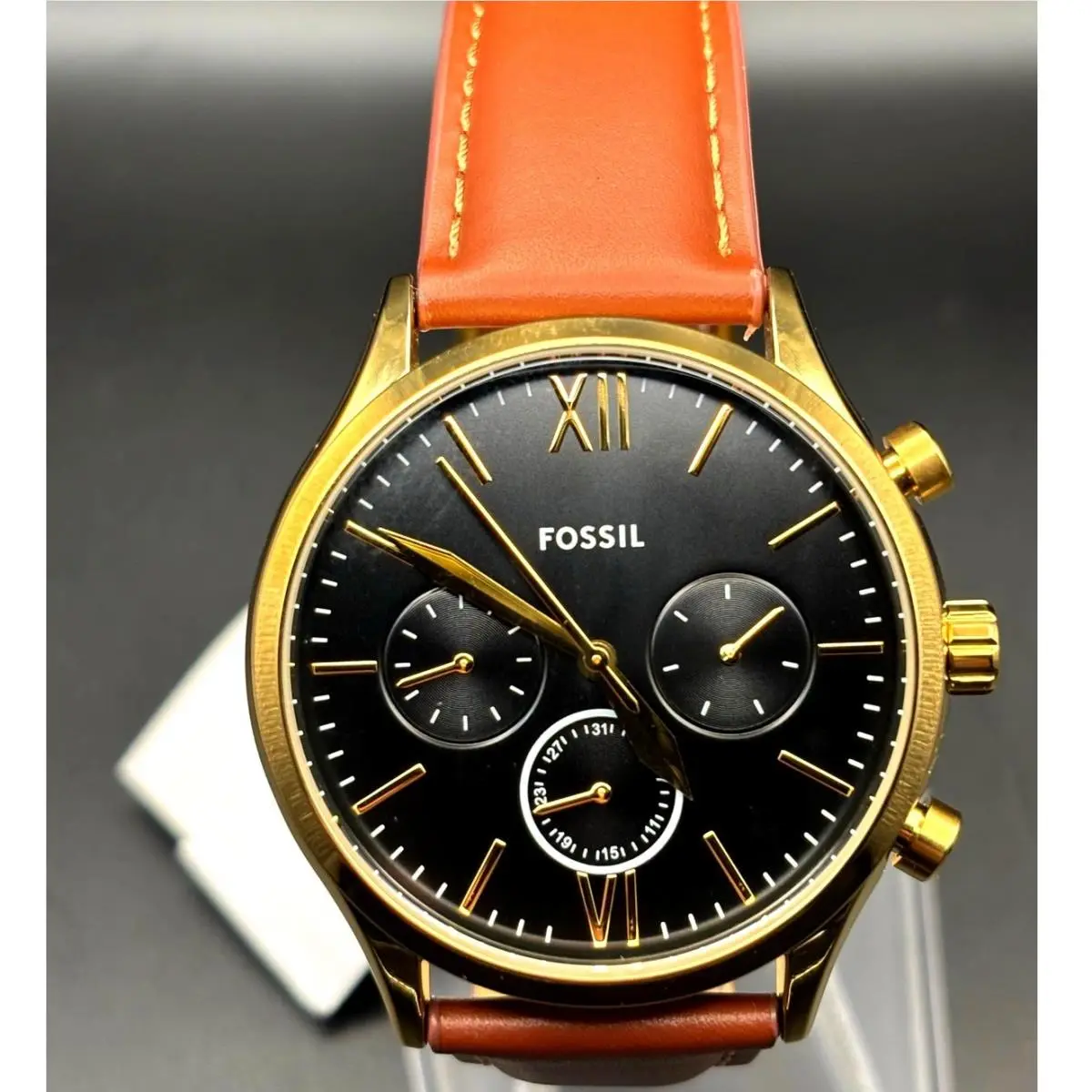 Fossil Fenmore BQM2404 Men`s Multifunction Gold Tone Leather Strap Watch Nibwt