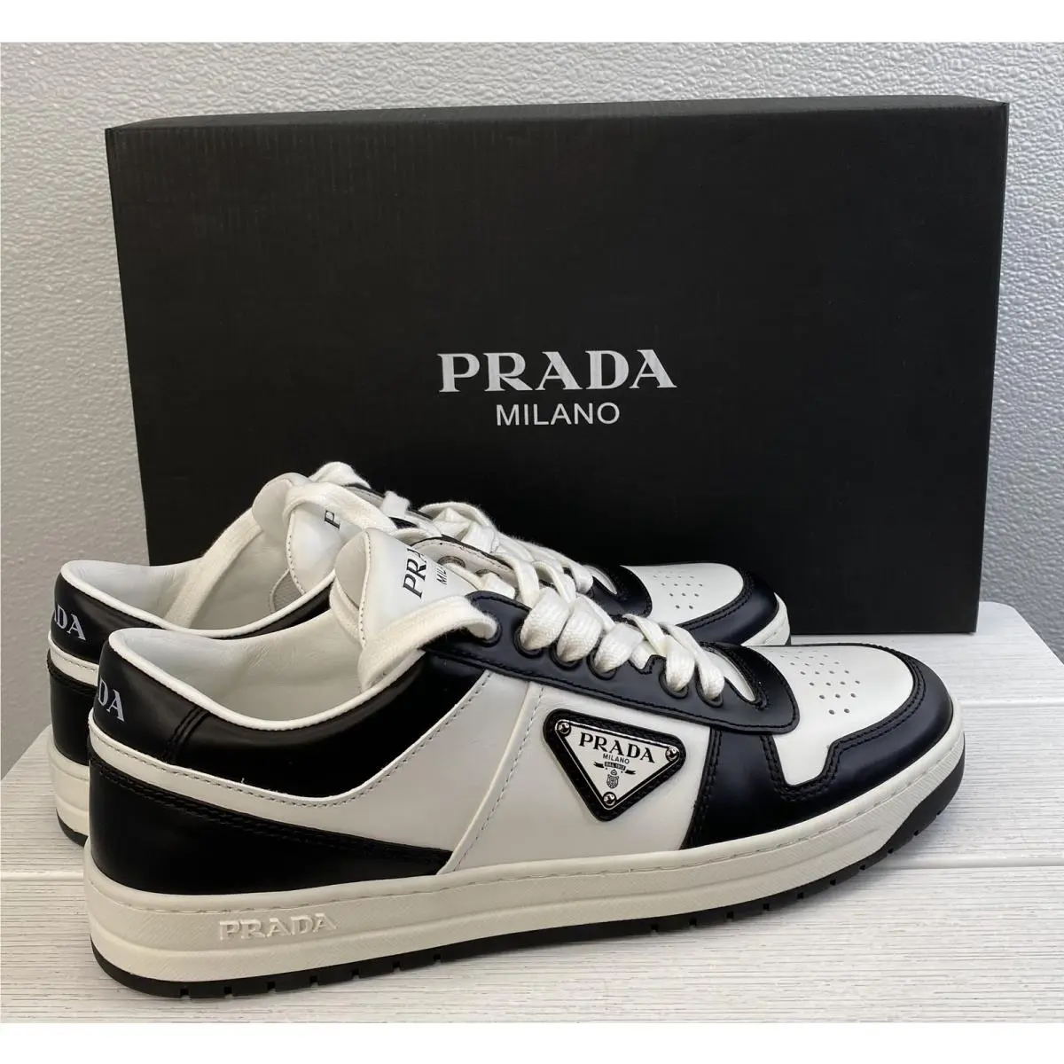 Prada Downtown Sneakers Women`s Size US10 EU40 Black/white Leather Low Top Shoes