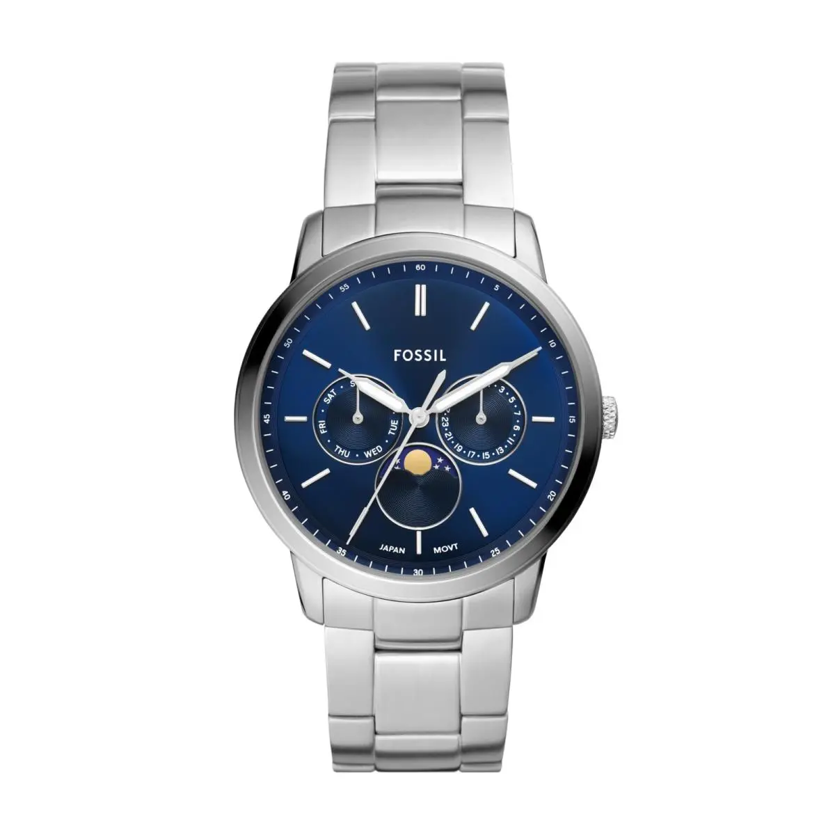 Men`s Neutra Quartz Stainless Steel 42MM Silver/blue Moonphase by Fossil