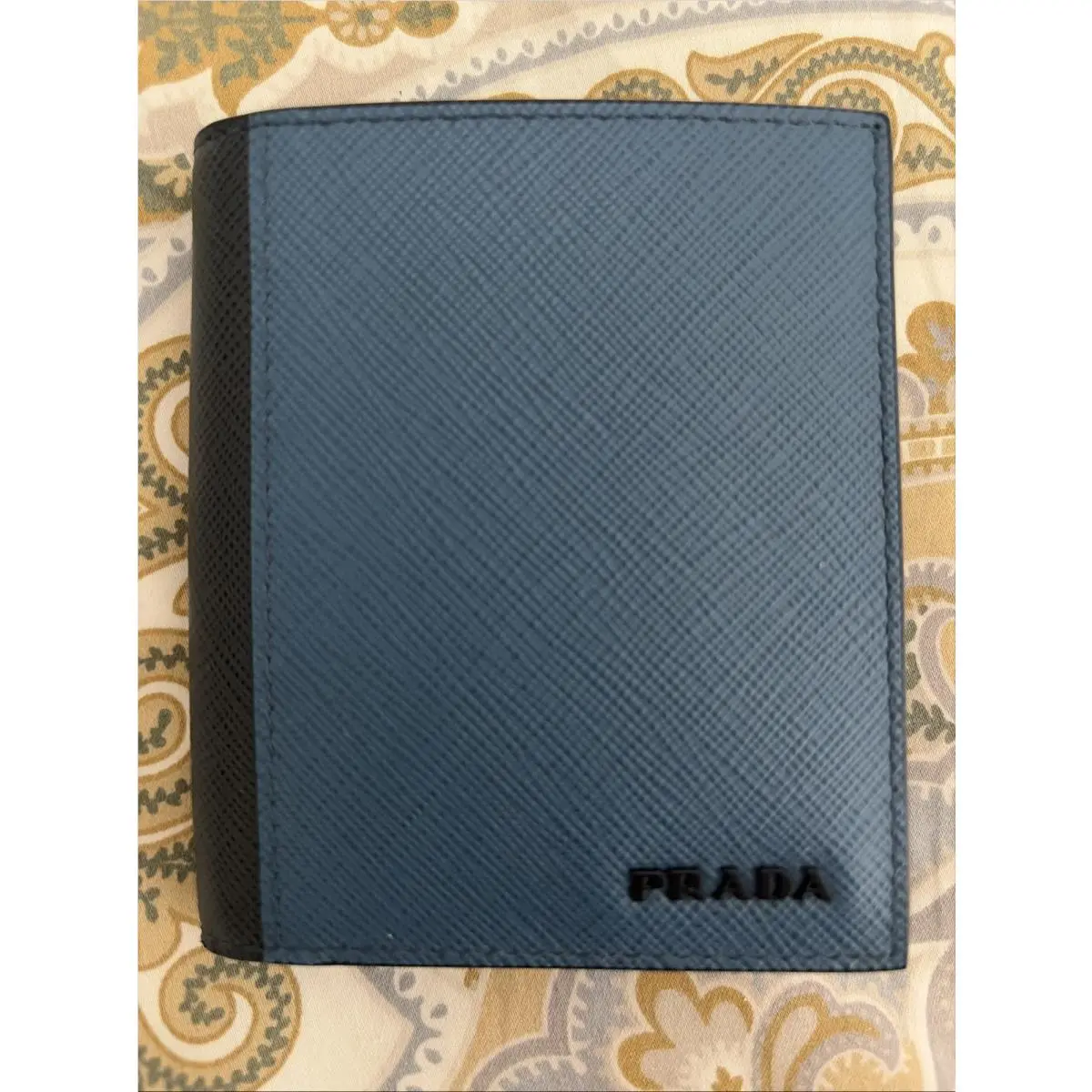 Prada Men’s Blue and Black Leather Bi Fold Wallet