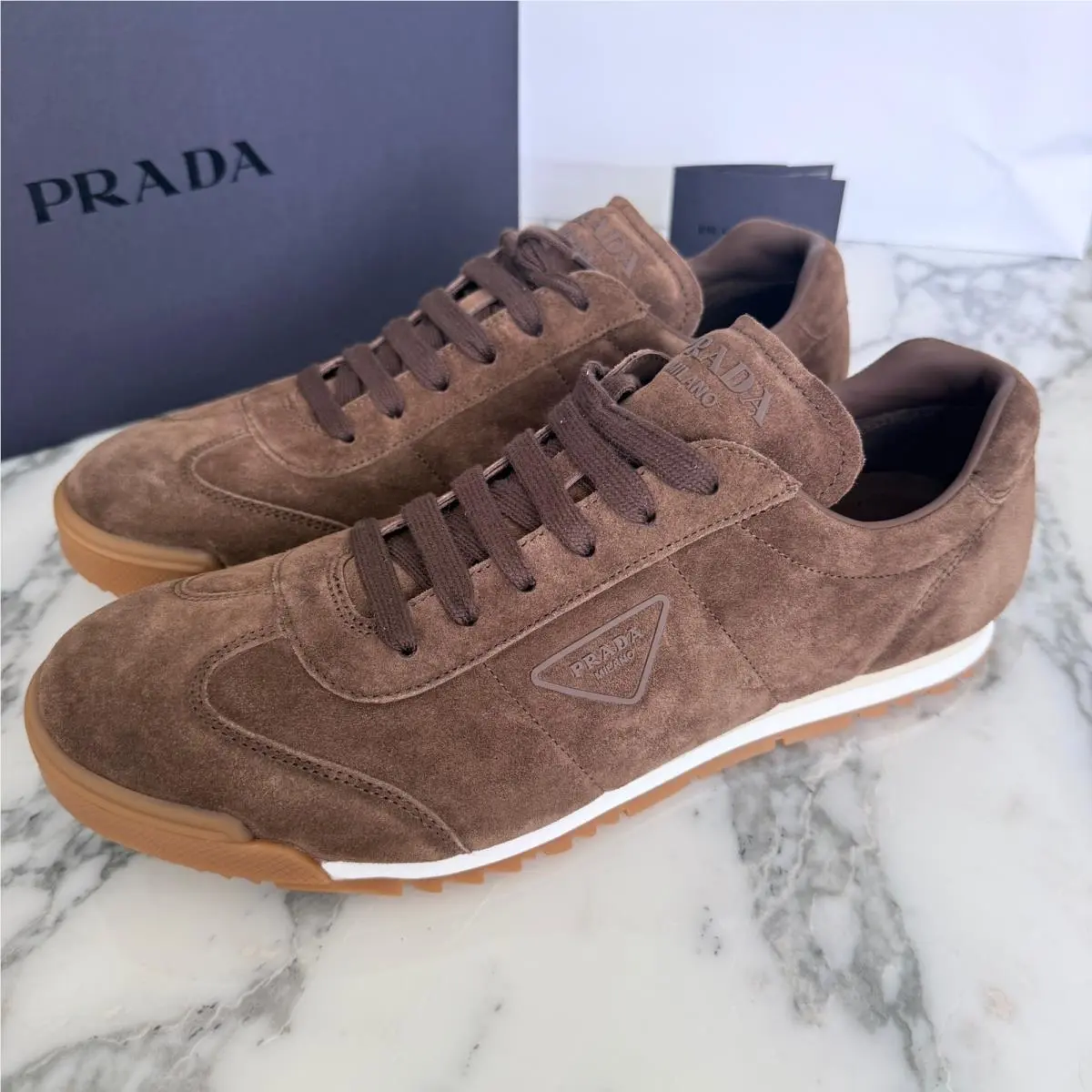 Prada Men Navy Brown Suede Low Top Sneakers Gum Sole Triangle Logo 2EG486