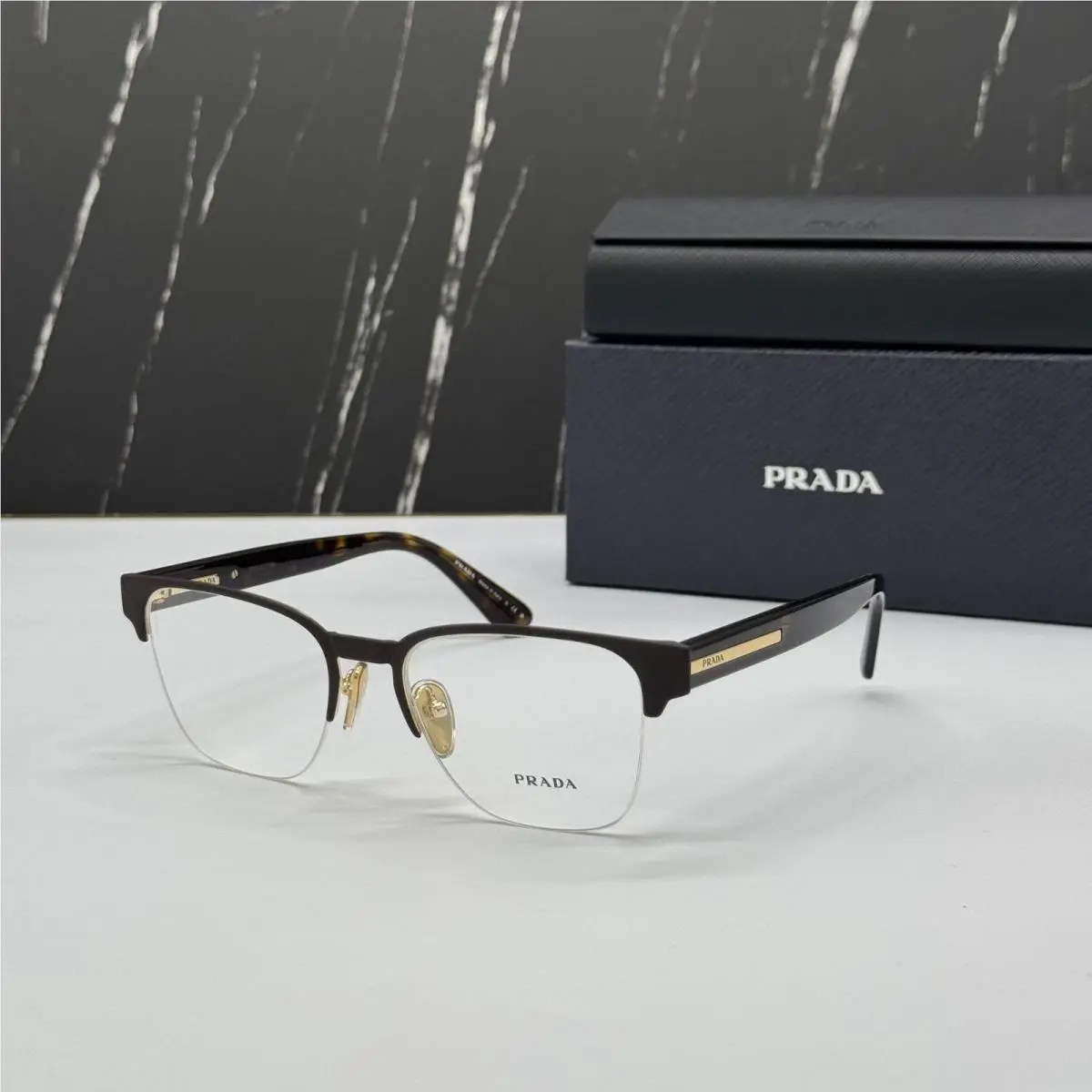 Prada PRA52V 01U1O1 Havan Brown Half Rim Men Eyeglasses PR A52V