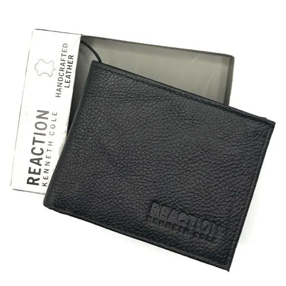 Reaction Men`s Embossed Logo Bifold Wallet - Black Leather by Kenneth Cole