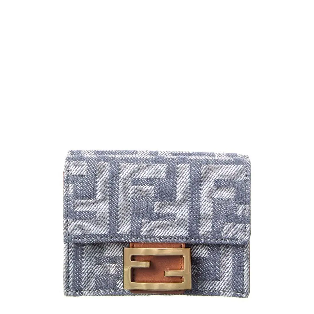 Baguette Micro Trifold Ff Denim Leather French Wallet Women`s Blue by Fendi