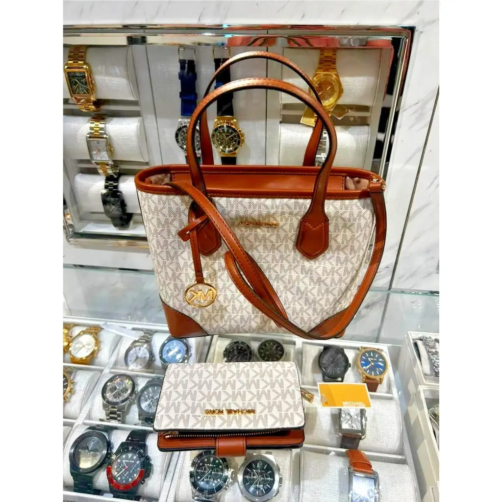 Michael Kors Eva Women XS Logo Convertible Tote Bag + Bifold Zip Wallet Vanilla