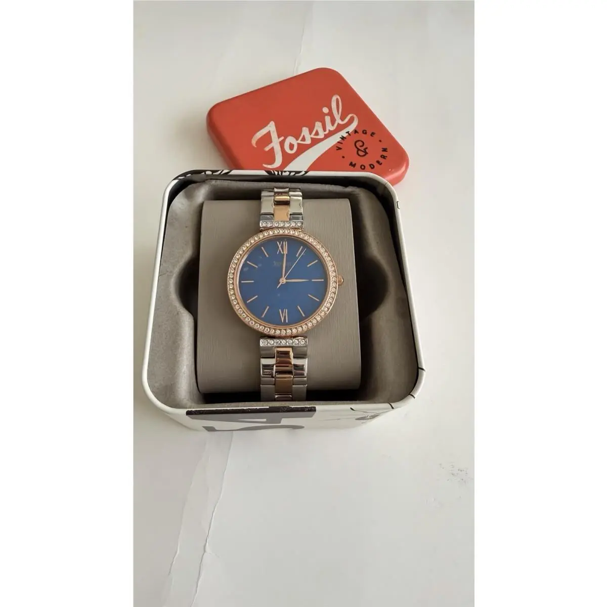 Watch with Blue Face and Two-tone Strap with Rose Gold Stone Dial by Fossil