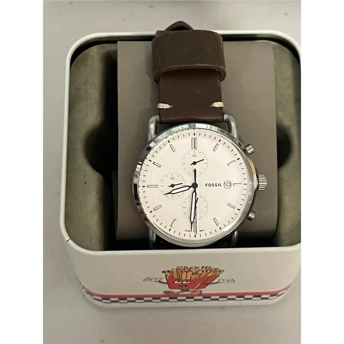 FS5402 Silver White Dial Brown Leather Chronograph Waterproof Men`s Watch by Fossil