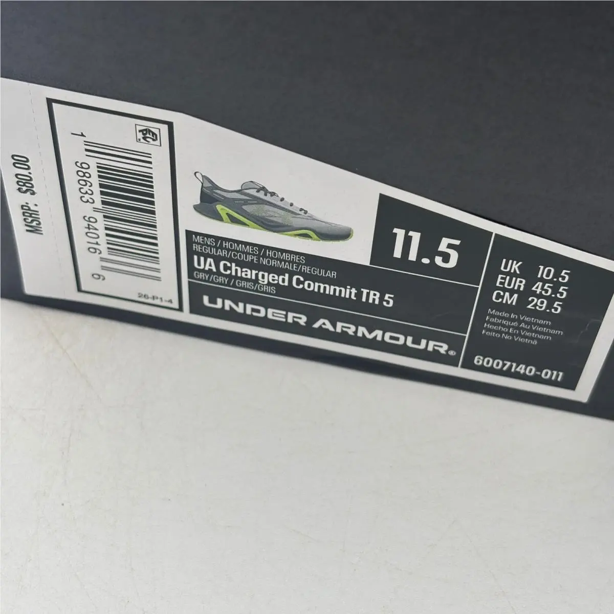 Under Armour UA Charged Commit TR 5 Shoes Mens Size 11.5 Grey Lime 3026604-001