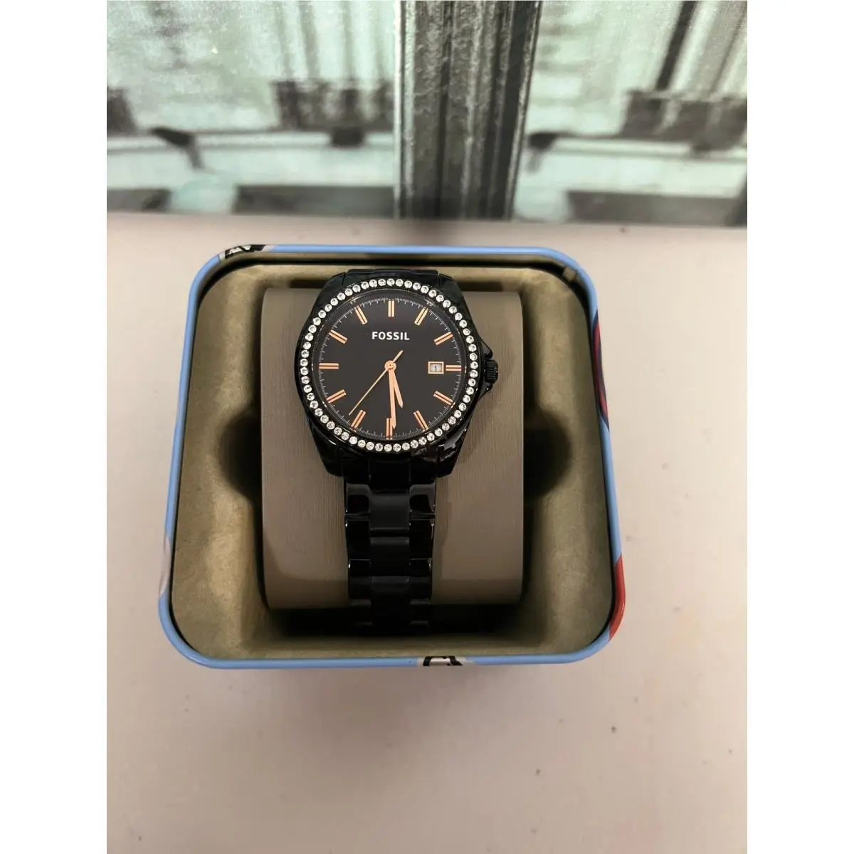 Fossil Janice BQ3318 Womens Black Crystal Steel Quartz Watch Box