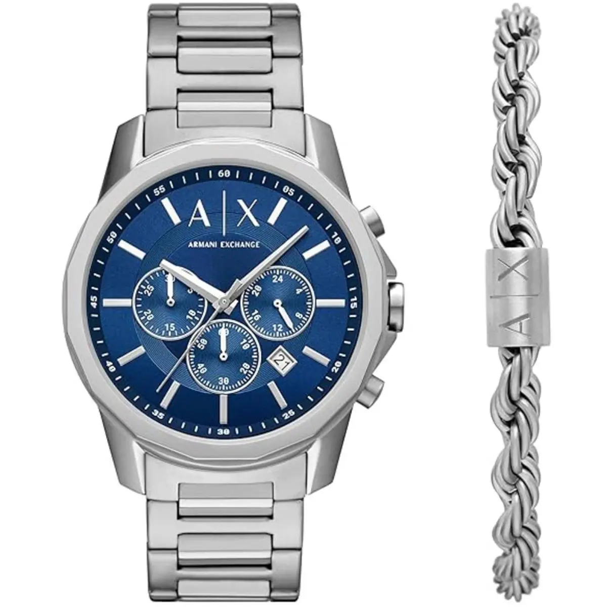 Armani Exchange Men`s Watch Set Banks Chrono Blue Dial Silver Bracelet AX7176SET - Dial: Blue, Band: Silver