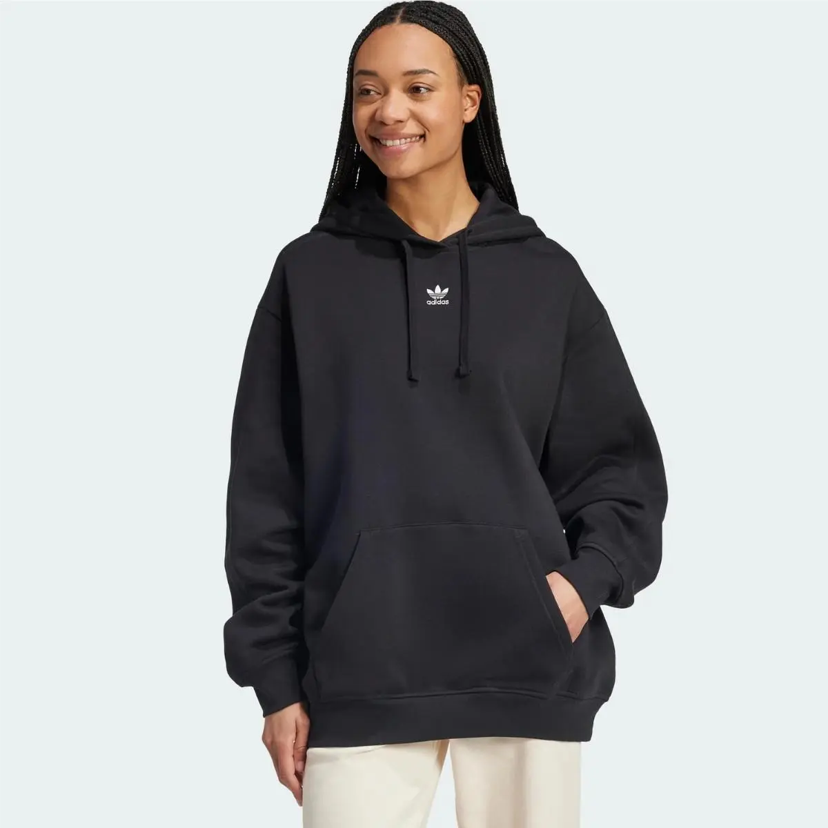 Adidas Essentials Hoodie Women XL Black Fleece Kangaroo Pocket Oversized JAX1840