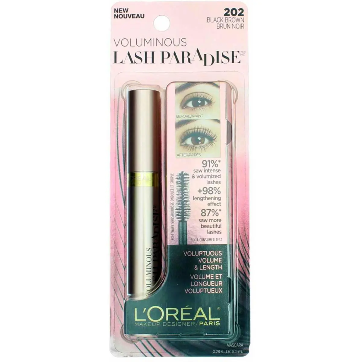 4 Pack L`oreal Paris Voluminous Lash Paradise Mascara Black Brown 202 0.28