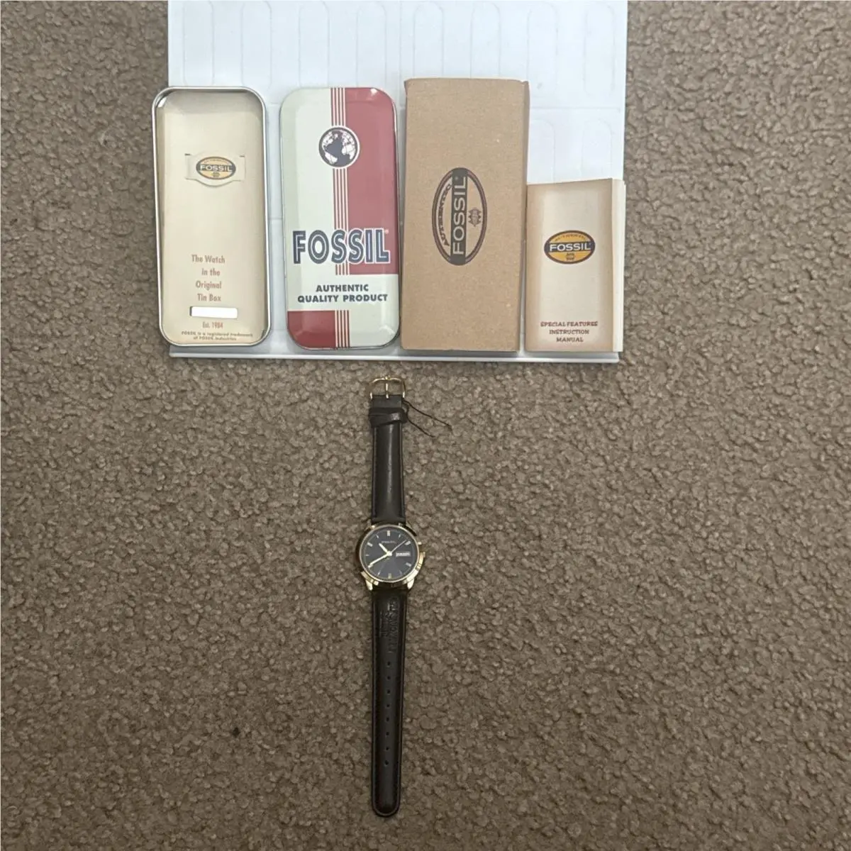 Vintage Fossil PC-9609 Men’s Gold Tone Day-date Watch with Box Papers