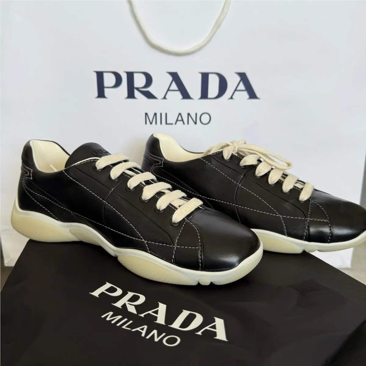 Prada Re-edition Men`s Black Nappa Leather Sneakers Shoes 2EE429 Size UK 11