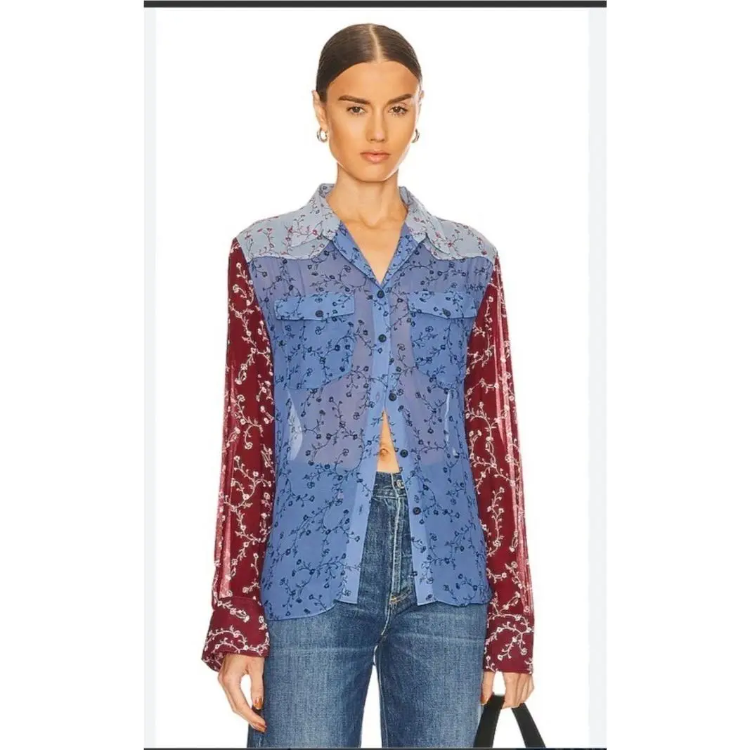 Rag Bone Wyatt Patchwork Shirt Sz M Dark Blue Floral Medium Western Yoke