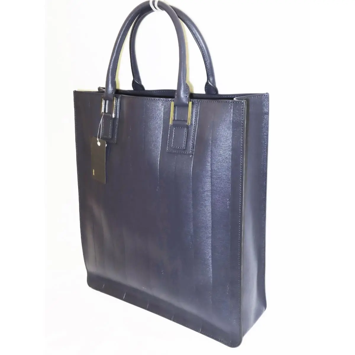 Fendi Sophisticated Pequin Navy Leather Logo Tote Men/women Unisex