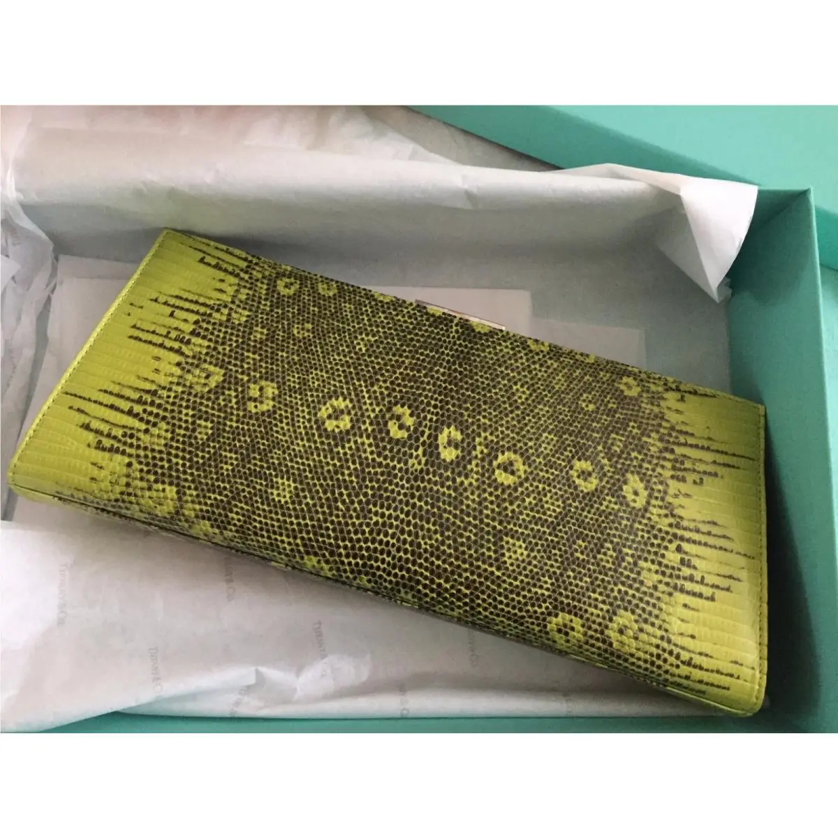 Tiffany Co Lime Black Lizard Clutch with Turquoise Pouch White Dust Bag