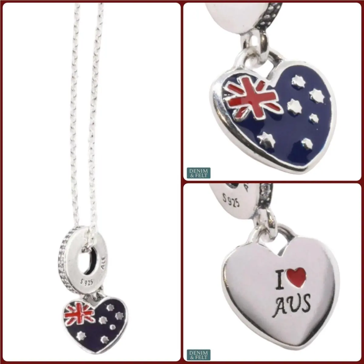 Pandora Australia Heart Charm Necklace Set Sterling Silver Aus Flag Travel