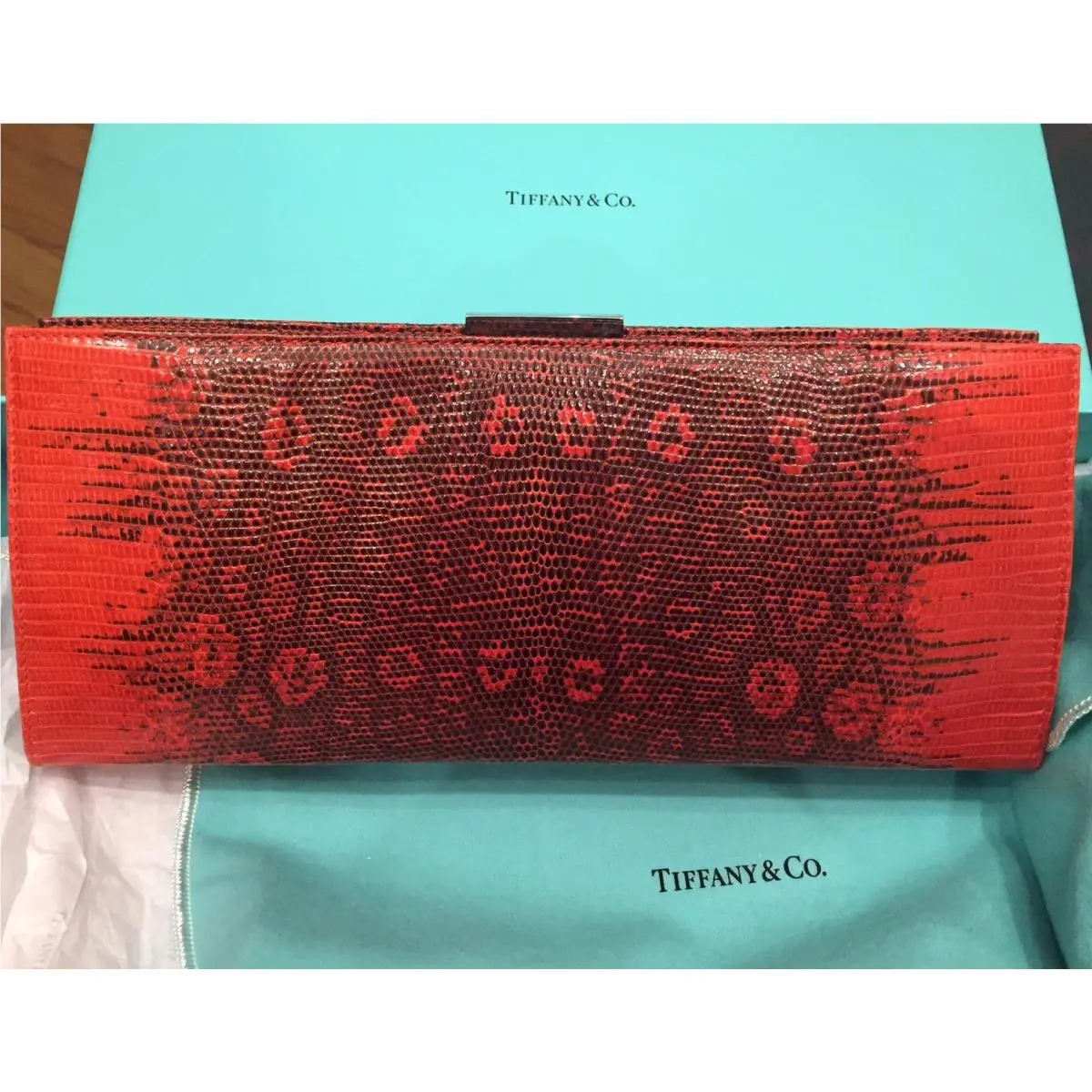 Tiffany Co.red Black Lizard Clutch with Turquoise Pouch and White Dust Bag