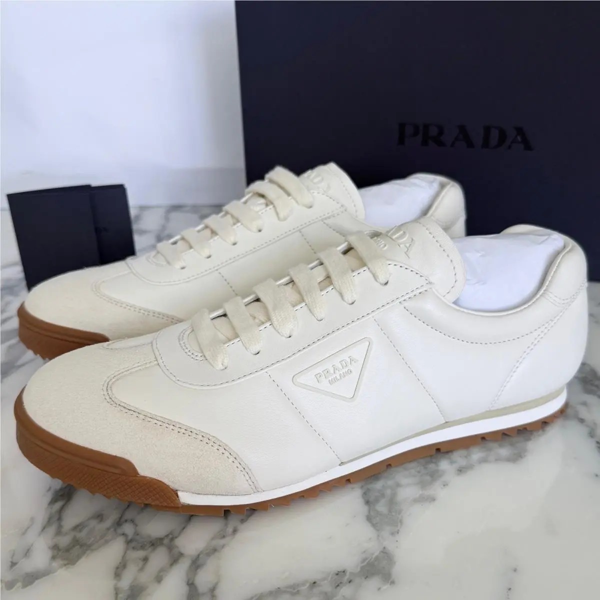 Prada White Leather Suede Low Top Sneakers Gum Sole Trainers Mens Size US 12