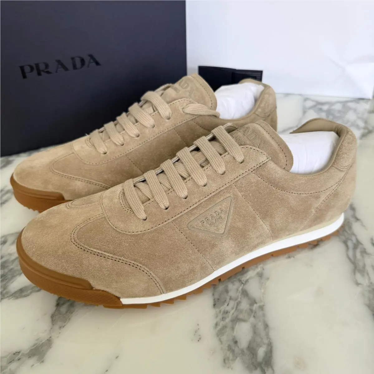 Prada Mens Suede Sneakers Beige Sand Triangle Logo Low Top Shoes Size US9