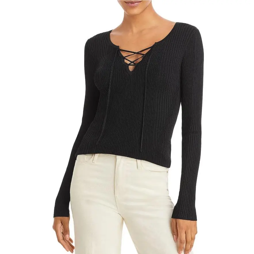 Rag Bone Carrie Lace Up Front Ribbed Black Long Slv Top - Xxs / 2XS -msrp