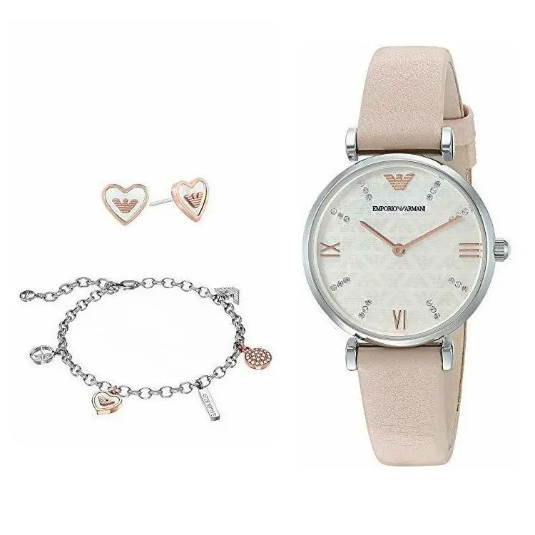 Emporio Armani Gift Set Silver+rose Gold Earrings+bracelet Mop Watch AR8039