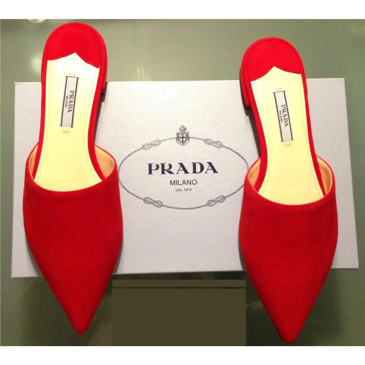 Prada Red Suede Point Toe Flat Slides Slippers Box Bag Size 7 US 37 EU