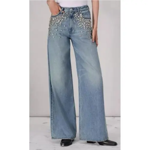 Rag Bone Featherweight High Rise Wide Length In Mali with Jewels SZ:33