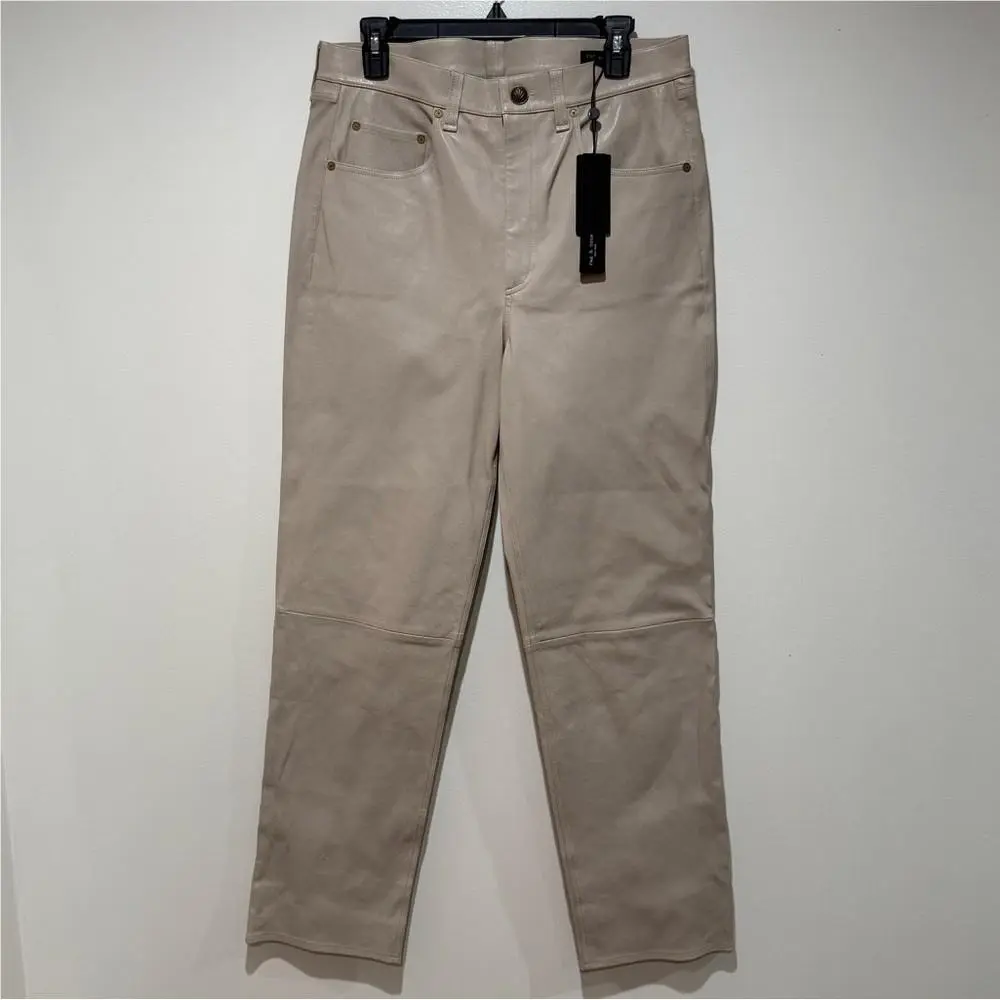 Womens Rag Bone Harlow Leather Mid-rise Straight Pants 31 Stone Fall