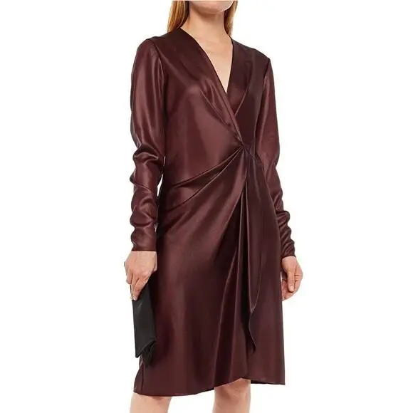 Rag Bone Burgundy V-neck Vegan Leather Pleated Ruched Dress 2 US = XS