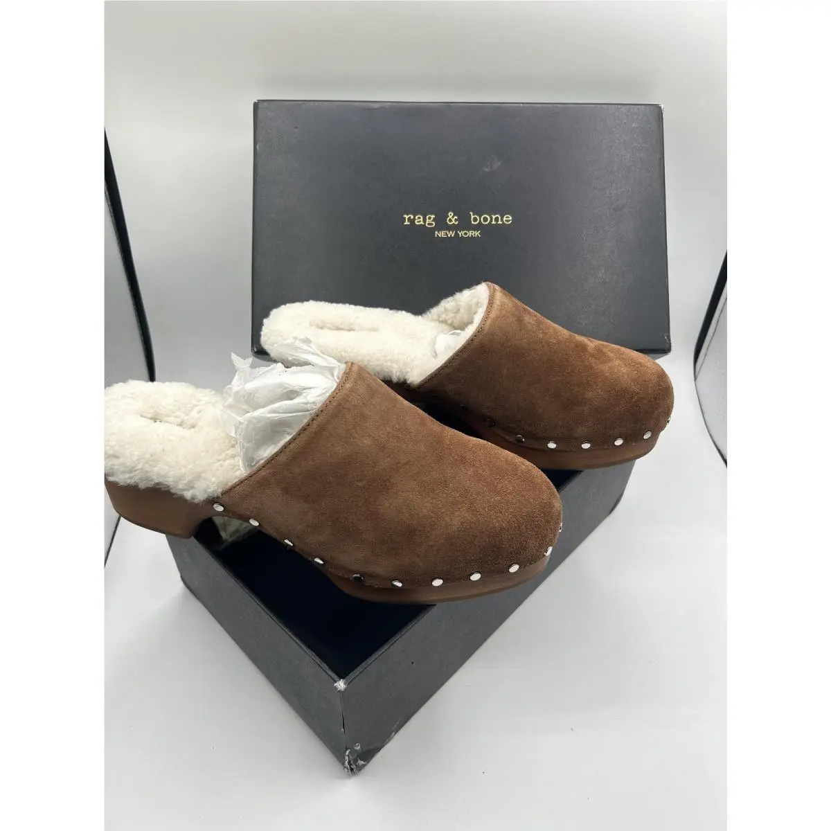 Rag Bone Clog Slippers Womens Size 10 Brown Suede Shearling Mule EU 41