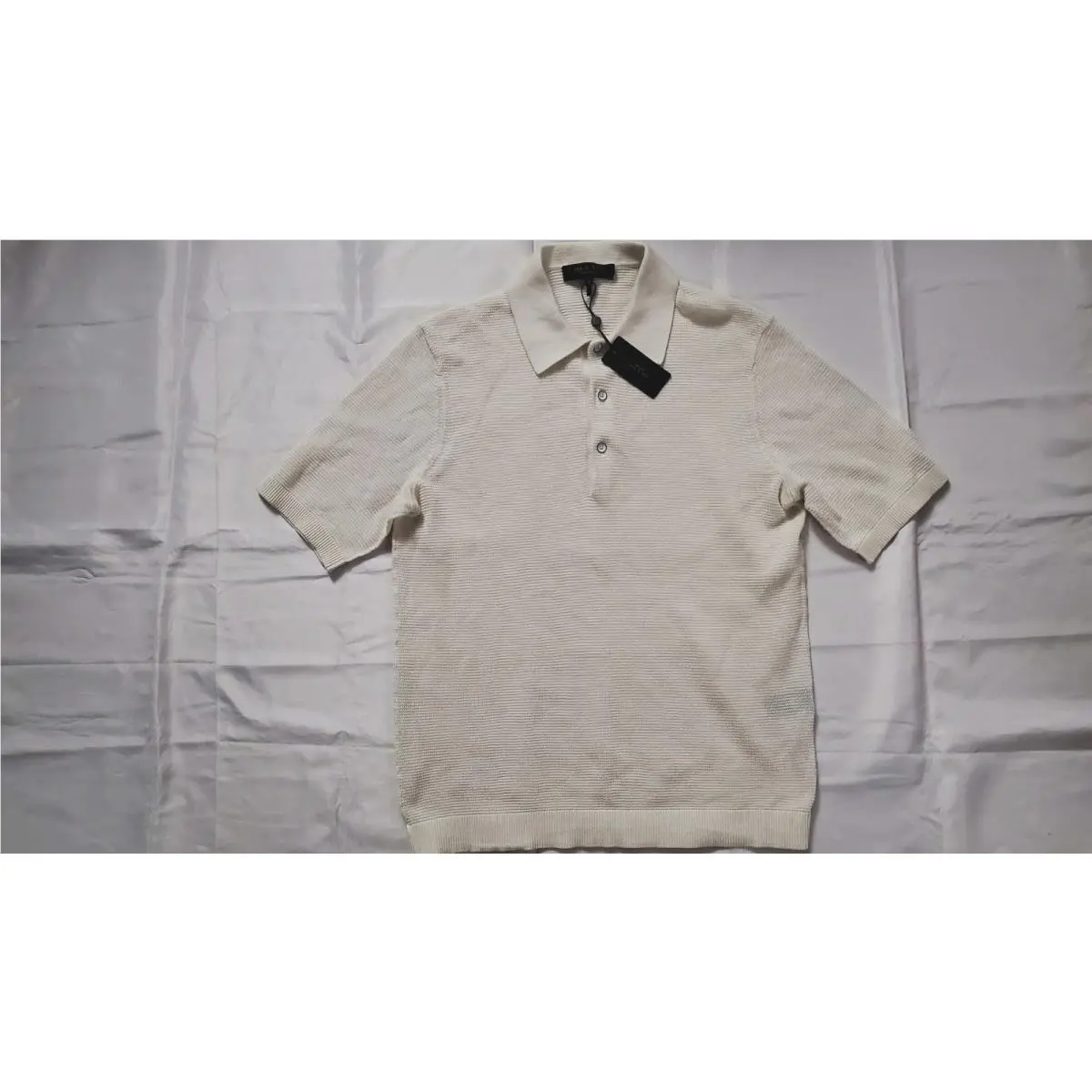 Rag Bone Men`s Lewis Polo Knit Ivory Short Sleeve Polo Shirt Size L