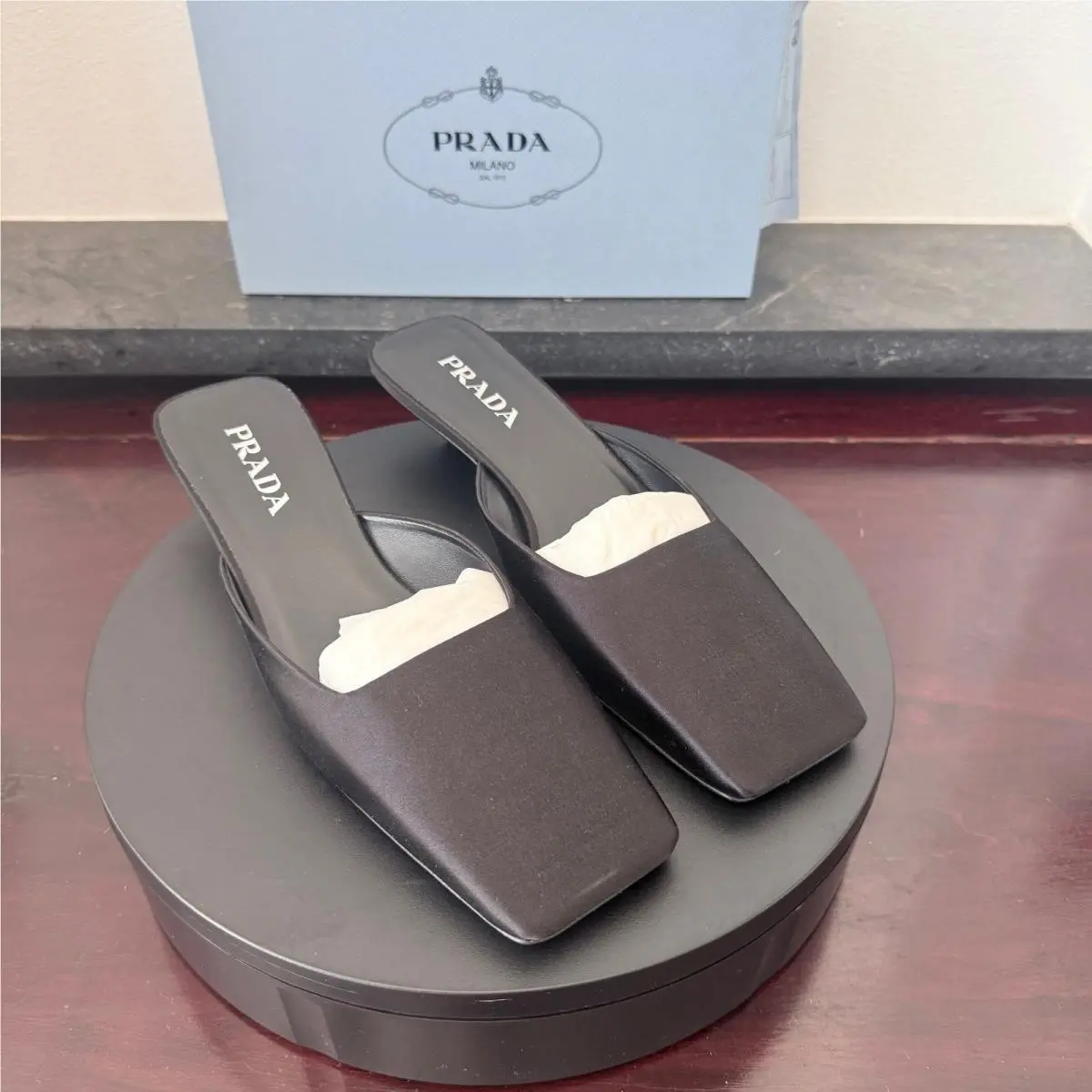 Prada 1I479N Black Satin Square Toe Kitten Heel Mules Sandals Shoes IT 37