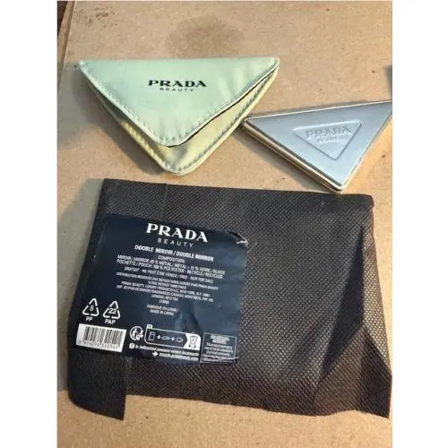 Prada Beauty Gold + Silver Folding Double Mirror Compact W/ Mint Green Pouch