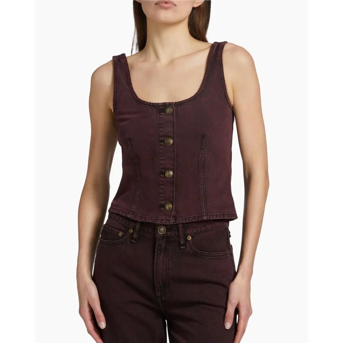 Rag Bone Burgundy Denim Button Front Sleeveless Vest Top Size 16