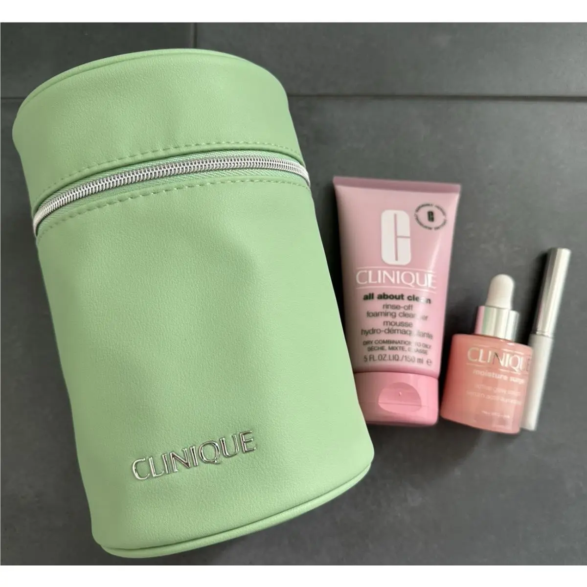 Clinique Cosmetics Bag All About Clean Foaming Cleanser Glow Serum Lipstick