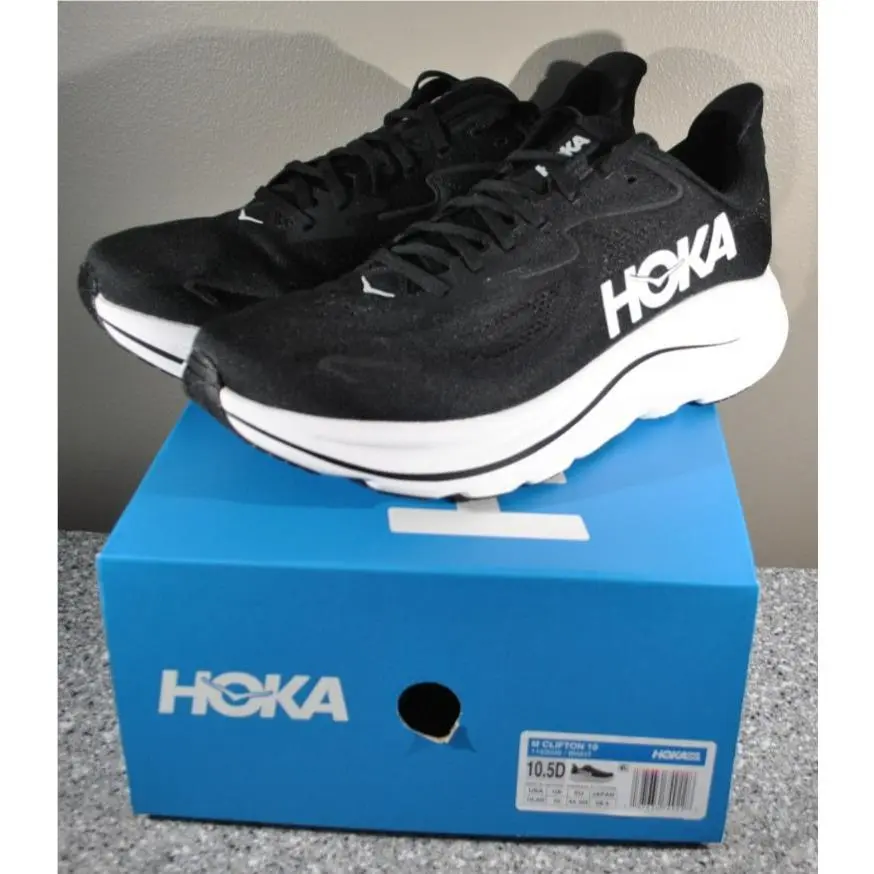 Hoka Men`s Clifton 10 Running Sneakers Shoes 1162030 Black/white Sz 10.5D