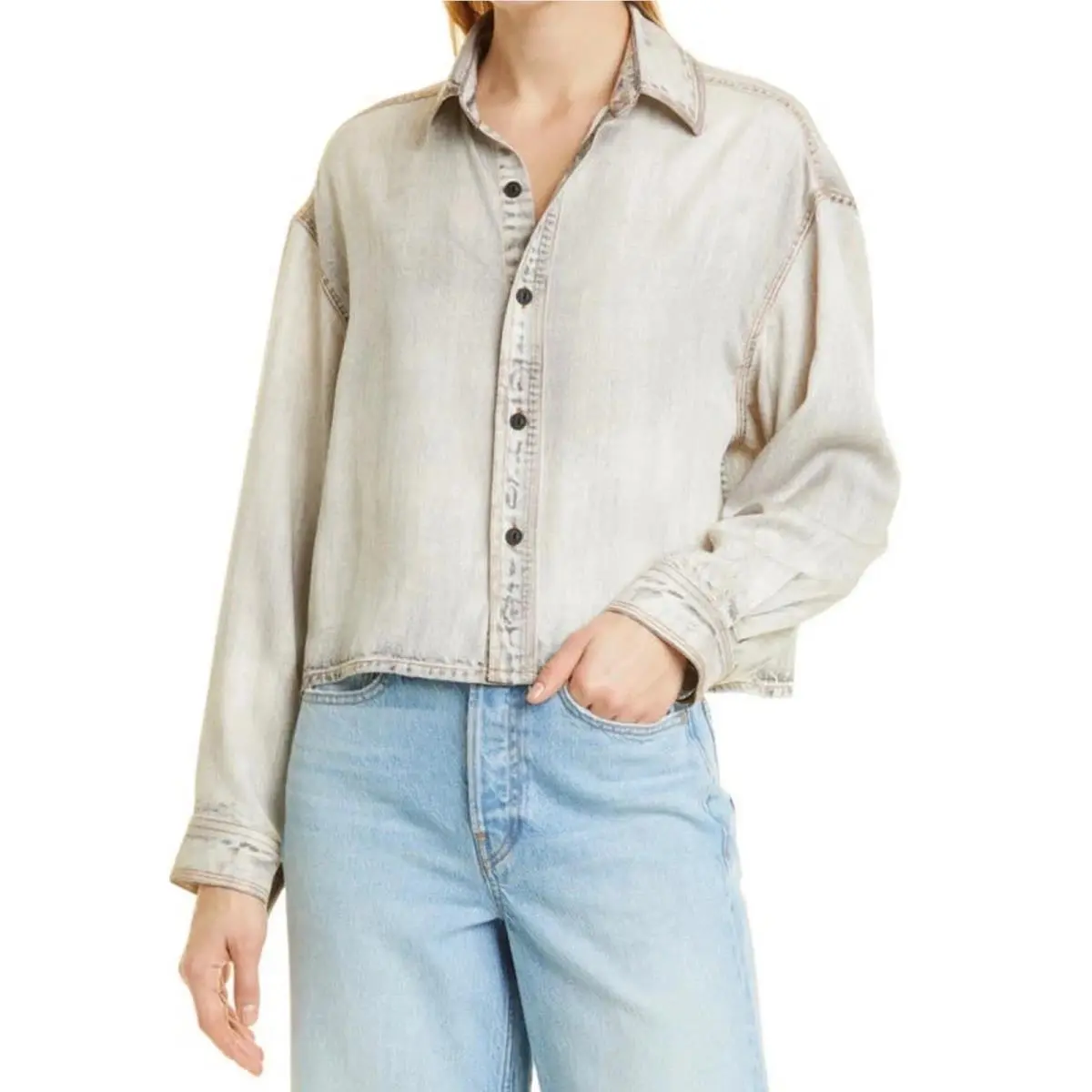 Rag Bone Black Beach Charlie Liquid Cropped Button-up Tencel Shirt Size XS