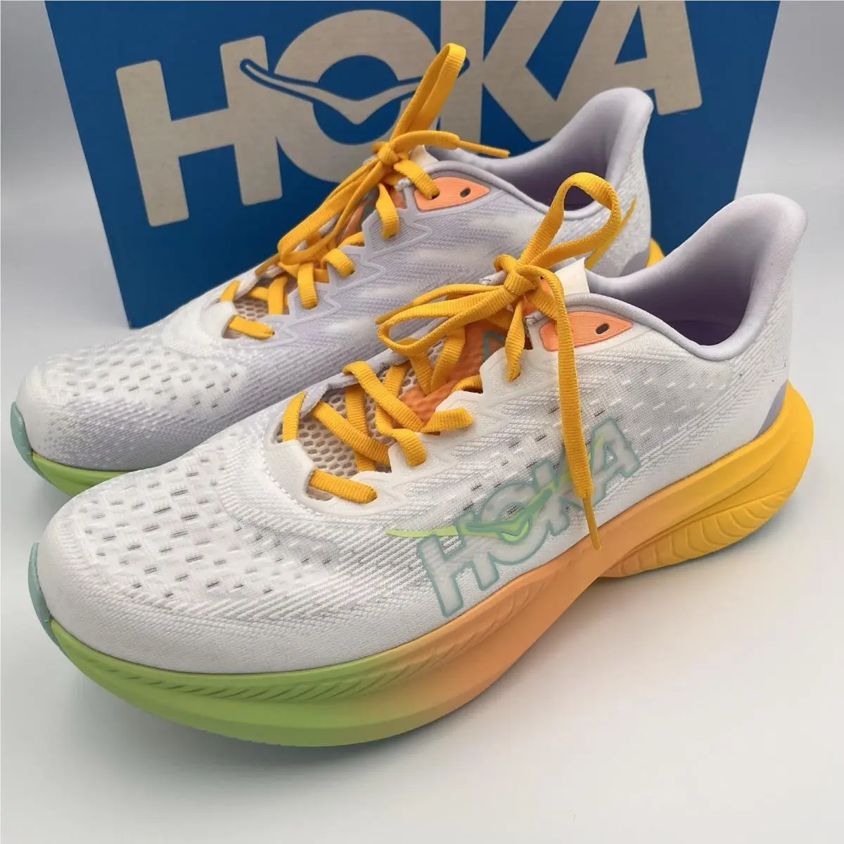 Hoka Mach 6 Shoes Men’s 10 D Running Low Top Lace-up White/yellow/orange