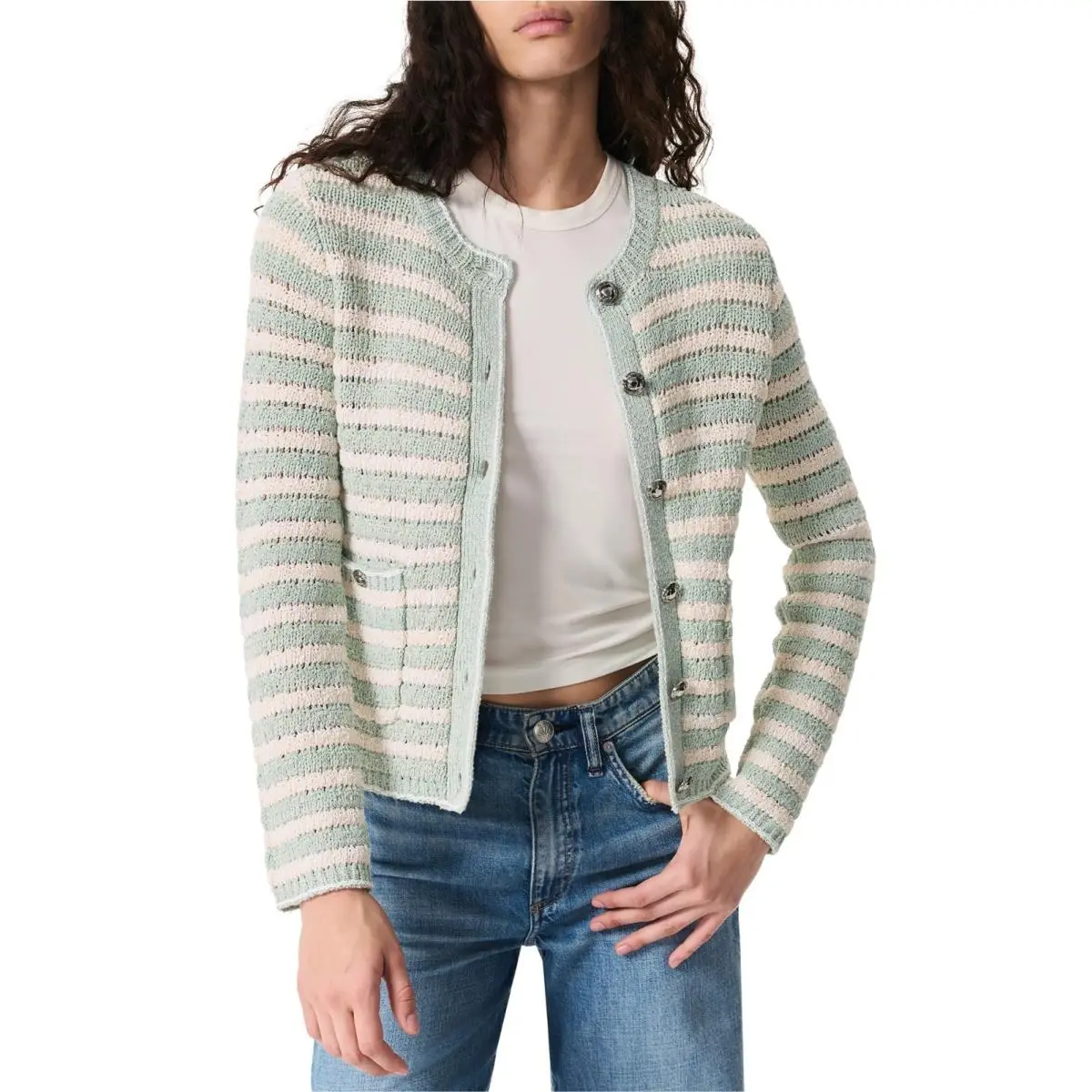 Rag Bone Women`s Jace Striped Lady Cardigan Cotton Blend Green Multi Size L