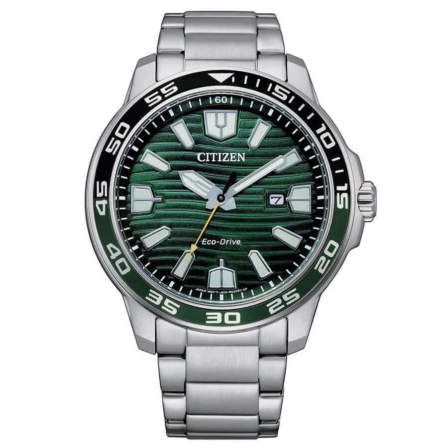 Citizen Men`s Eco-drive Green Dial Marine Sport Watch - AW1526-89X - Dial: Green, Band: Silver, Bezel: Green