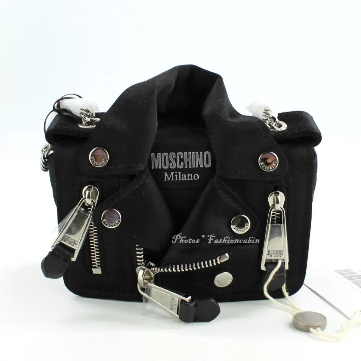 Moschino Biker Zip Embellished Satin Chain Magnetic Snap Shoulder Bag Black