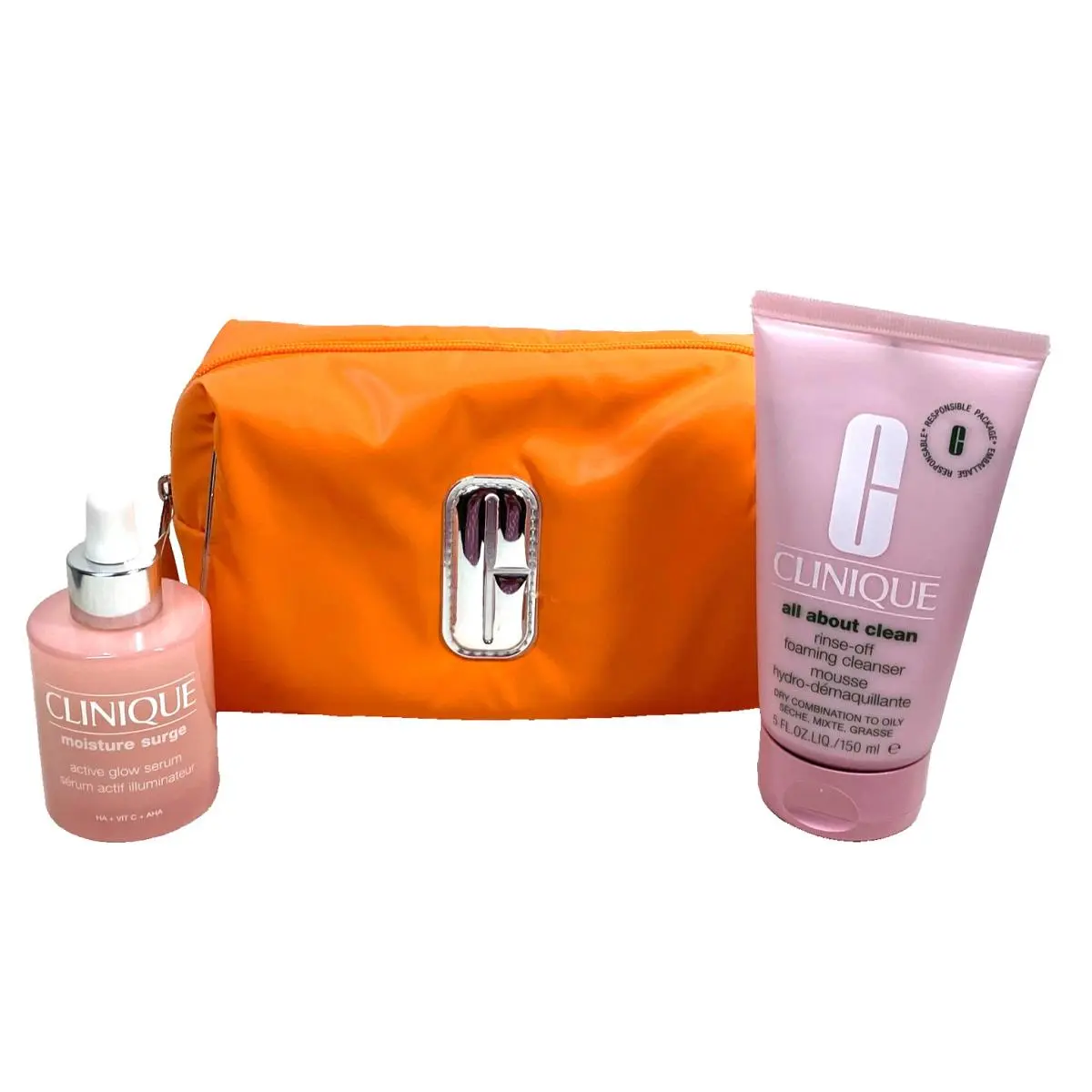 Clinique Orange Make Up Case Squishy with Moisture Surge Serum All About Clean