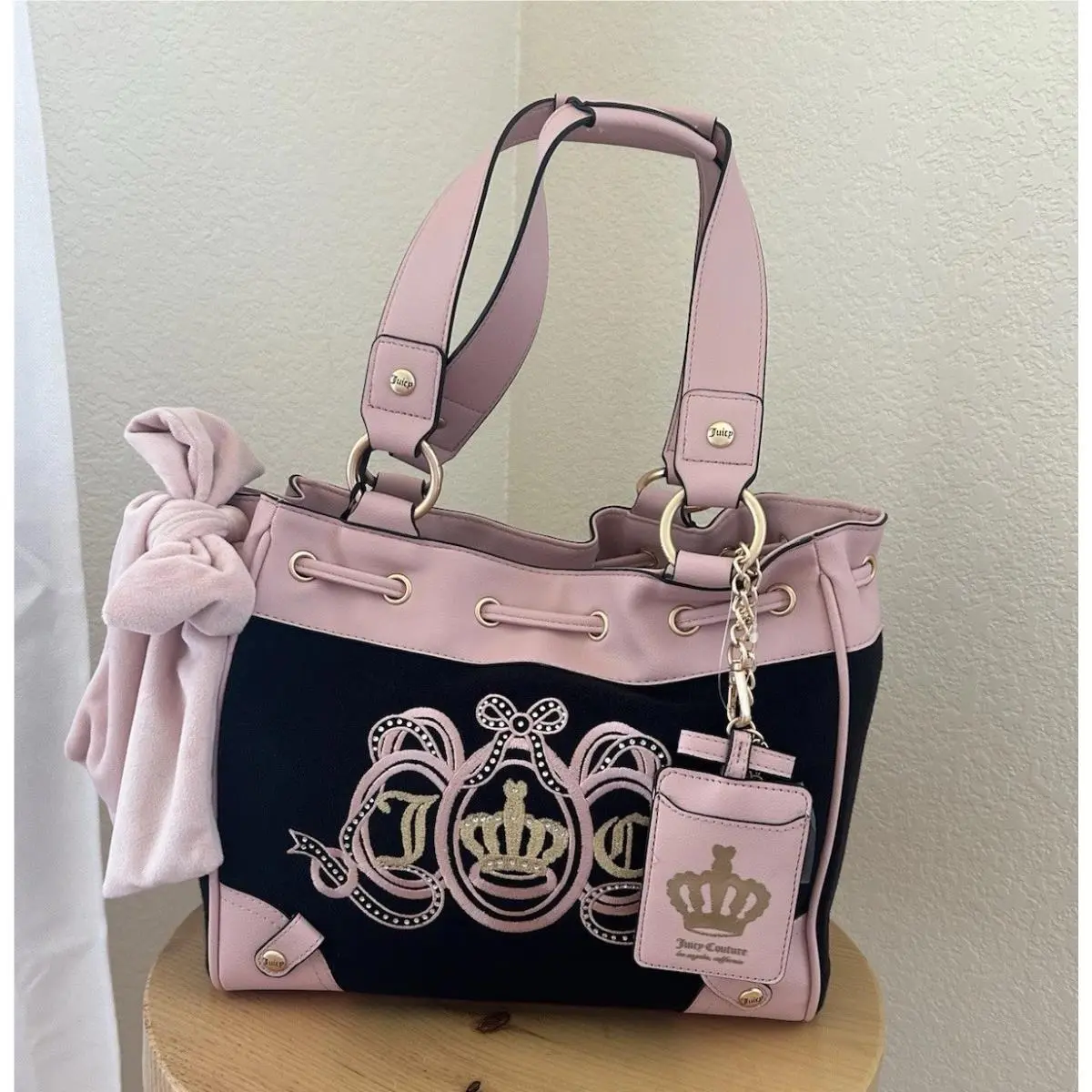 Juicy Couture Pink Black Bow Daydreamer Tote Bag Brand Excellent For Gift