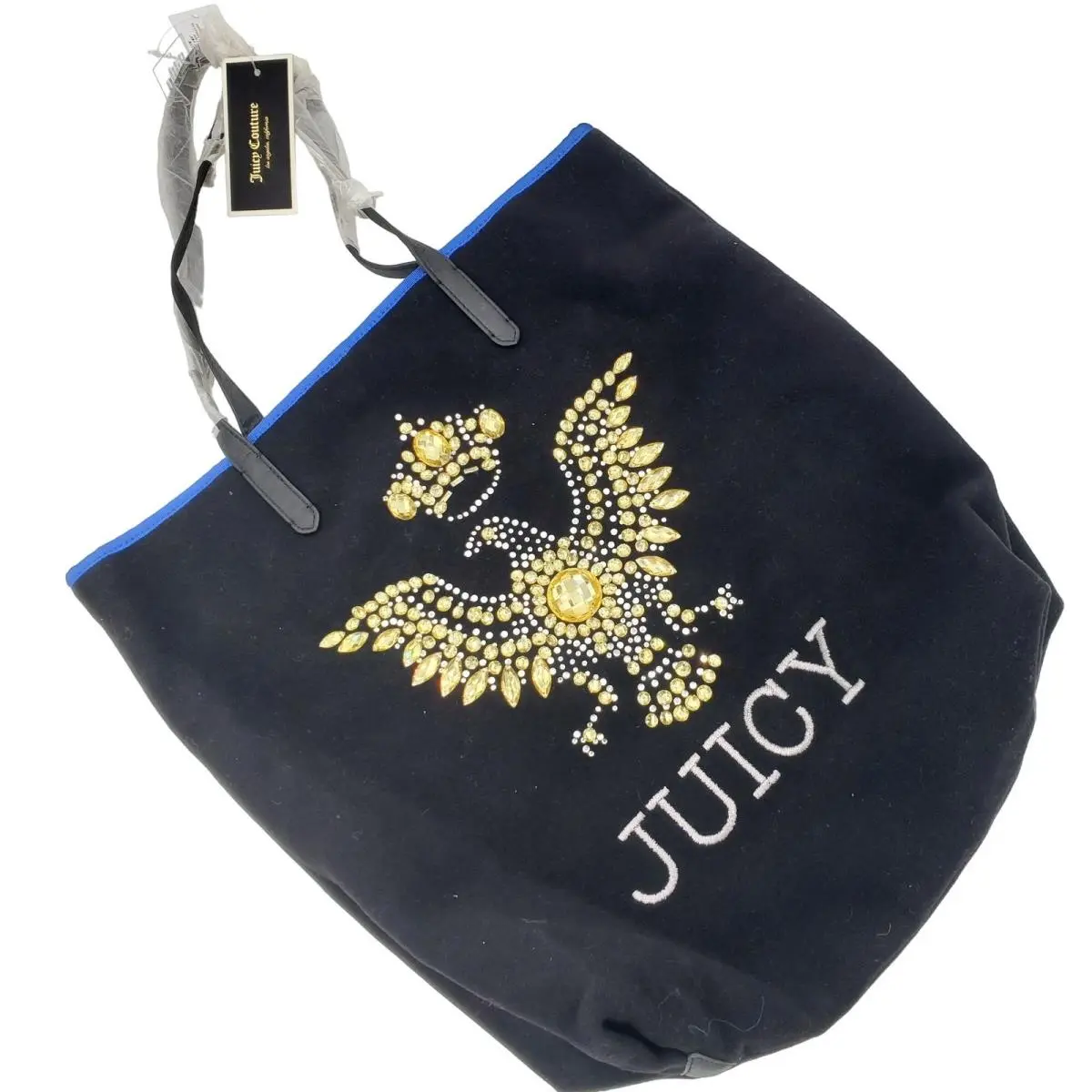 Juicy Couture Eagle Wool Black Blue Gold Women`s Bag Purse Handbag Tote