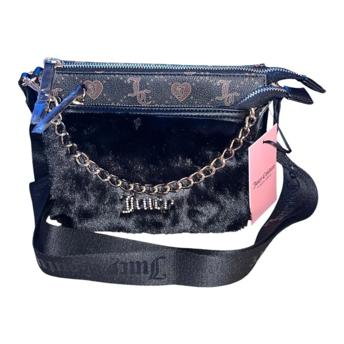 Juicy Couture Double Trouble Crossbody Liquorice Grid Black Fur Purse