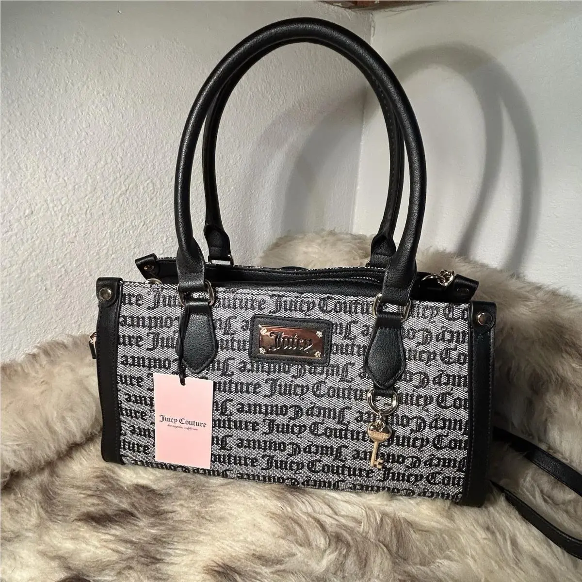 Juicy Couture Miss Independent Satchel Crossbody - Black/beige Logo Print