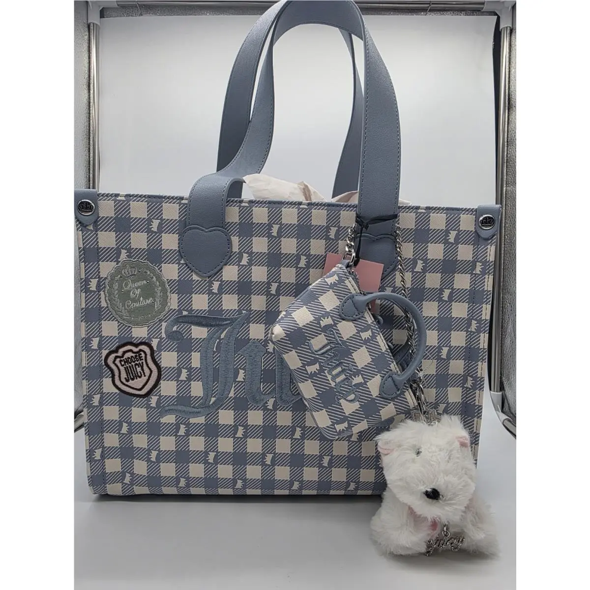 Juicy Couture Study In Style w Scottie Plaid Large Tote Dusty Blue
