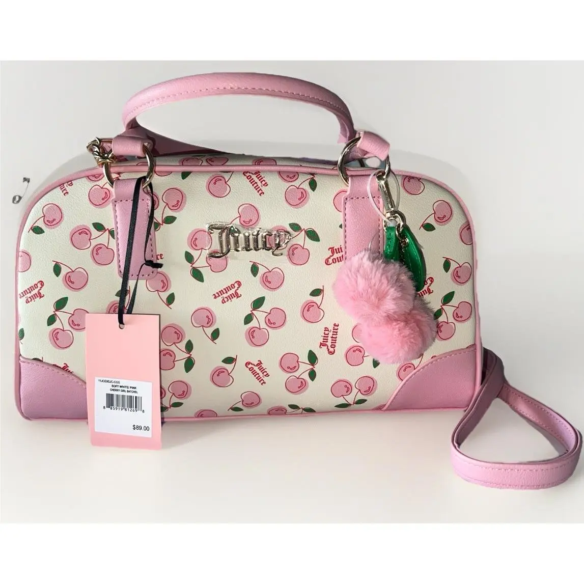 Cherry Girl Satchel Bowler Bag White Pink Crossbody Charm by Juicy Couture